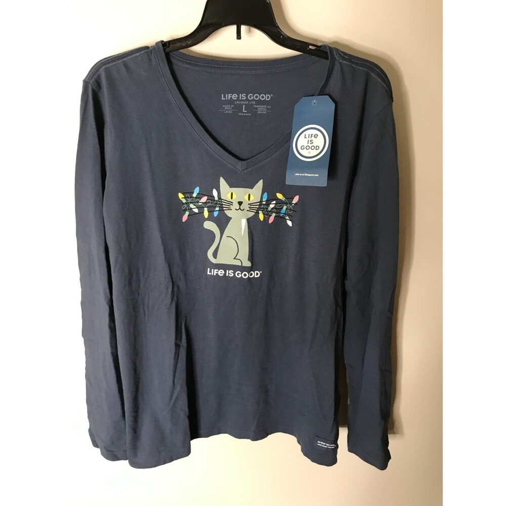 NWT Life Is Good long sleeve Holiday Christmas Kitty / Cat T Shirt Women's LG